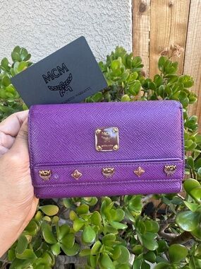 MCM Purple Saffiano Leather Logo Plaque Wallet with Gold Studs